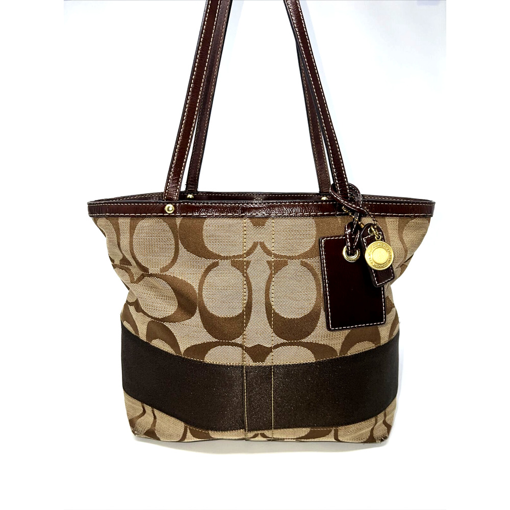 Coach Signature Stripe Tote Bag Purse Brown/Tan